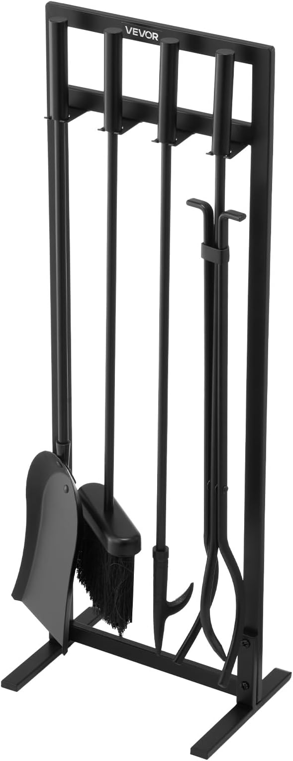 VEVOR Fireplace Tool Set, 5 PCS Fire Tool Set and Holder with Square-Frame Stand, Tongs, Ash Shovel, Brush, Fire Place Poker, Wrought Iron Steel Fireplace Accessories for Indoor/Outdoor, Black