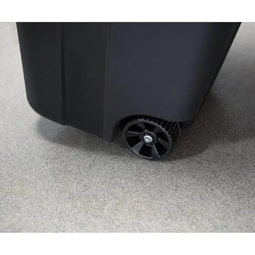 32 Gallon Trash Can with Attached Lid, Heavy Duty Wheeled Plastic Garbage Bin, Black