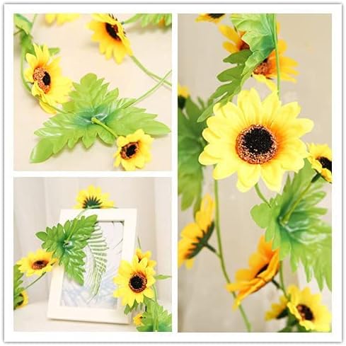 2 Pcs Artificial Sunflower Garland,Sunflower Vine with Leaves,Hanging Garland with Green Leaves,Outdoor False Flower Arch,Arrangement for Wedding Party Anniversary Home Office Table Centerpiece Decor