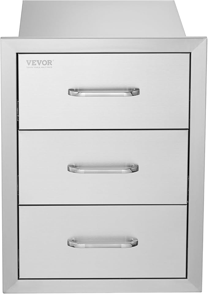 VEVOR Outdoor Kitchen Drawer Cabinets 16" W x 21.5" H x 18" D, BBQ Drawer Stainless Steel, Flush Mount Triple Access, with Handle, BBQ Island, Outdoor Grill Patio Grill Station