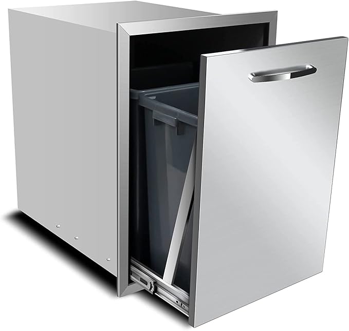 Built-in Double Trash Drawer 20" W x 27" H x 24" D Pull-Out Tray Outdoor Kitchen Stainless Steel Trash Drawer with Handle Storage Two Bins for BBQ Island Grill Station