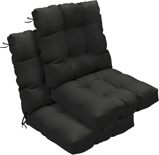Outdoor Chair Cushions Set of 2, 42x21x4 Inch Patio Cushion for Dining/Rocking Chairs, High Back Soft Seat Pad with Ties, Indoor Outside Use, Fade-Resistant & Waterproof, Black
