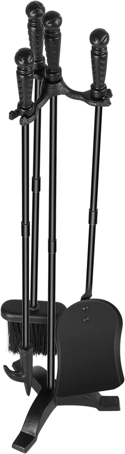 Fireplace Tool Sets with Stand Cast Iron Fire Tools Fireplace Accessories Wood Burning with Poker Shovel Brush Wood Stove Tools Black