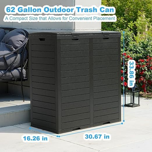 62 Gallon Outdoor Double Trash Can, Waterproof Trash Can Cabinet for Outside, Resin Garbage Bin with Lid and Drip Tray for Easy Cleaning for Patios, Kitchens（Black）