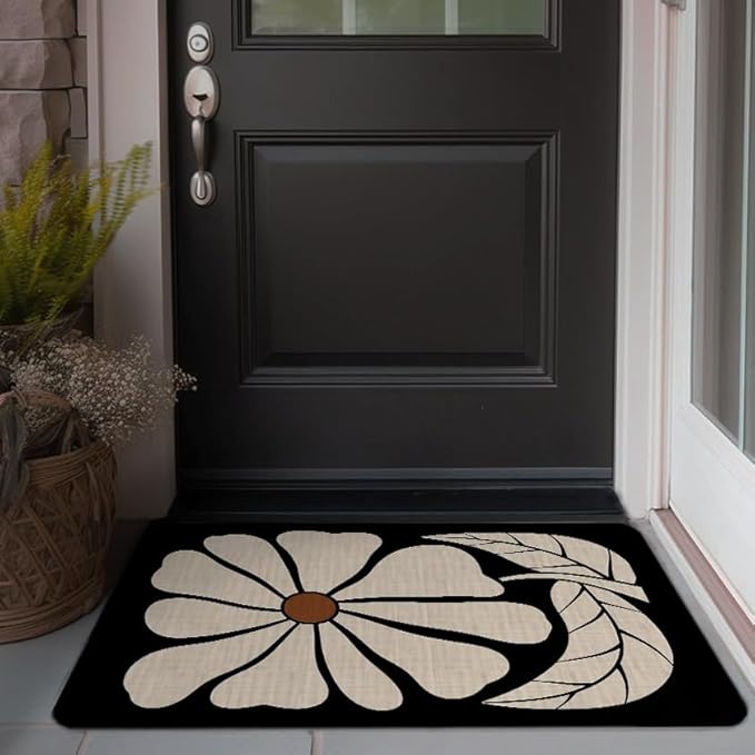 Boho Beige and Black Floral Door Mat - Bohemian Neutral Floral Front Door Welcome Mats Outdoor Entrance, 17x30 Rug