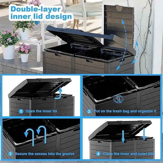 62 Gallon Outdoor Double Trash Can, Waterproof Trash Can Cabinet for Outside, Resin Garbage Bin with Lid and Drip Tray for Easy Cleaning for Patios, Kitchens（Black）