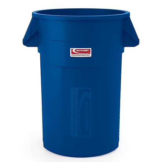 Suncast Commercial Products 44 Gallon Trash Can with Vented Channels, Ergonomic Handles, Rolled Upper Lip, Made in The USA, Blue, Made in The USA