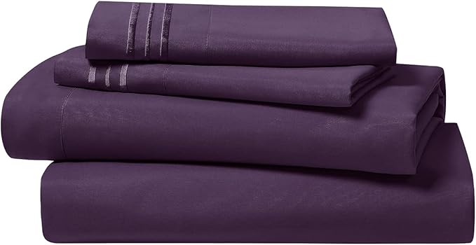 Clara Clark Bed Sheets, Premier 1800 Series 4 Piece Bed Sheet Set, Deep Pocket, Wrinkle, Fade, Stain Resistant, Luxury Soft Bedding Sheets & Pillowcases, Twin-XL, Purple Eggplant