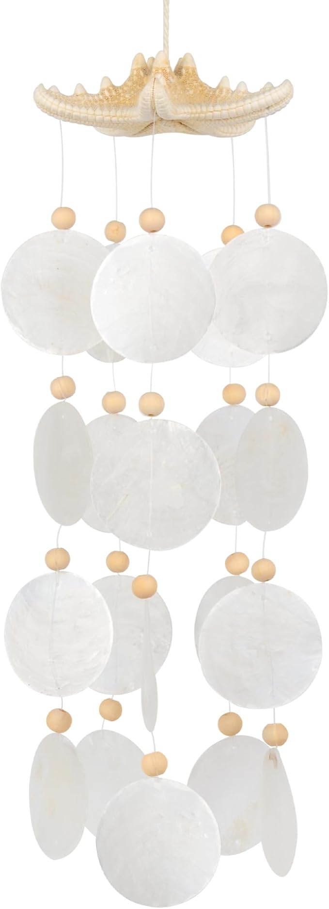 Seashells Wind Chimes - Handcrafted White Capiz Shells Windchime with Starfish, Bohemian & Coastal Style Decor for Indoor/Outdoors, Garden Decor, Great Gift for Women, Wind Chimes Lovers and More