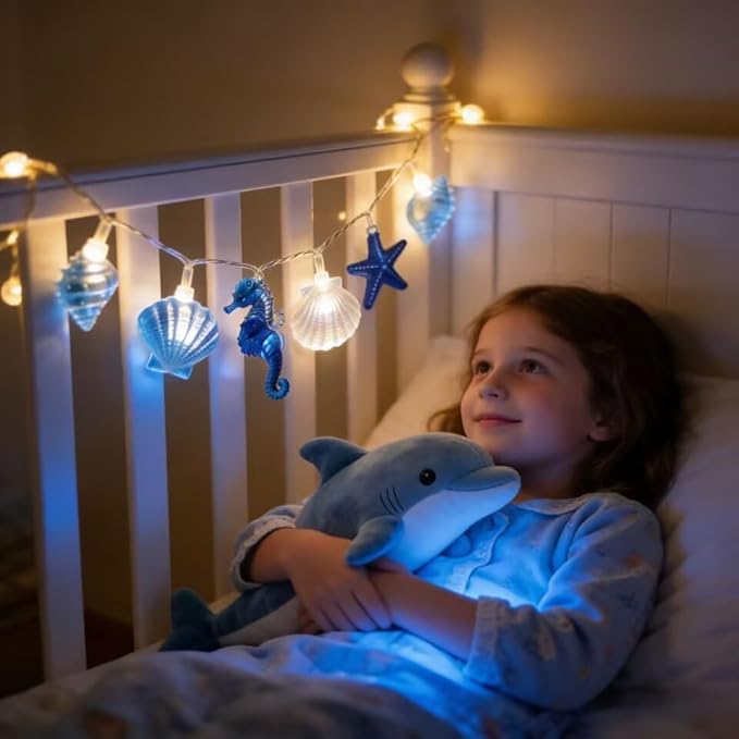 Ocean Decor String Lights Nautical Theme Seashell Seahorse Conch 9.8 ft 30 LED Battery Operated String Lights for Holiday Camping Wedding Christmas Tree Decor (Shell Star Seahorse, 9.8FT)