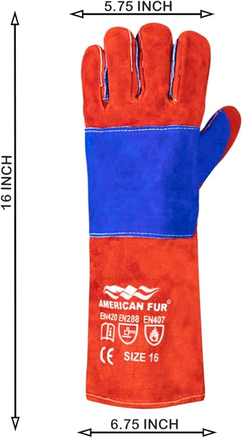 Welding/BBQ Leather Gloves, 16 Inches, Red-Blue, Heat/Fire Resistant, Mitts for Oven/Grill/Fireplace/Furnace/Stove/BBQ/16 inches Extra Long Sleeve