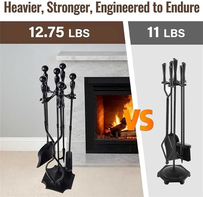 AMAGABELI Garden & Home 5 Pcs Fireplace Tools Set 31 Inch Indoor Black Handle Wrought Iron Large Fire Tool Accessories Set Holder Outdoor Fireset Modern Fire Pit Stand with Poker Brush Shovel Tong