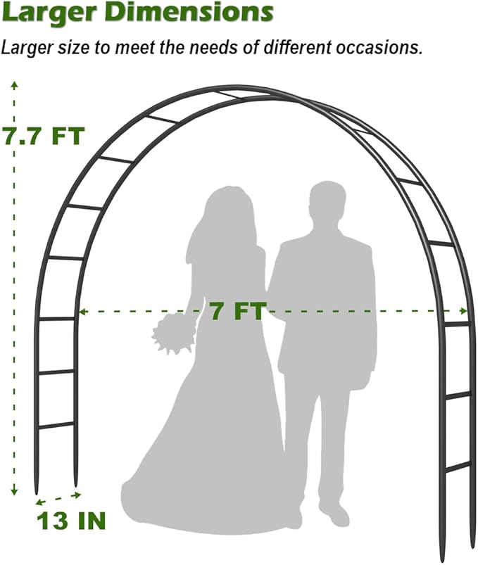 Queension Metal Wedding Arch for Ceremony Party Decoration 7Ft Wide 7.7Ft High,Garden Arch Trellis with Ground Bases for Climbing Plants,Outdoor Garden Arbor for Roses Vines, Round Frame, Black