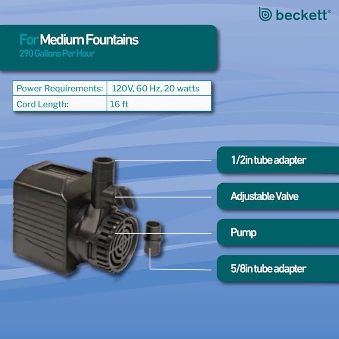Beckett 290 GPH Submersible Water Pump Adjustable Water Flow Fountain Pump, Max Lift 6.5 Ft, 20 Watts Pond Pump, Black