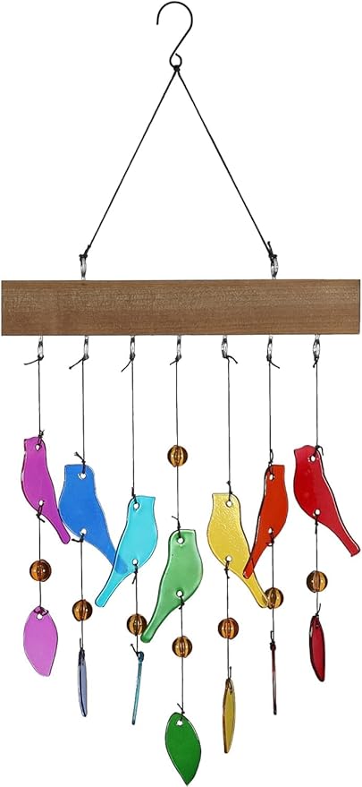 Handwork Crystal Glass & Driftwood Chimes, Sandblasted Glass and Wood Handcrafted Wind Chimes, Birds Wind Chimes for Home, Yard, Patio, Garden Decoration, Gift for Mom, Gifts for Bird Lovers