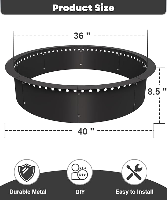 36 Inch Smokeless Fire Pit Ring Insert Outdoor, Heavy Duty Metal Steel DIY Firepit Rim Liner Round Campfire Rings for Outside Wood Burning Above or In-Ground, Black