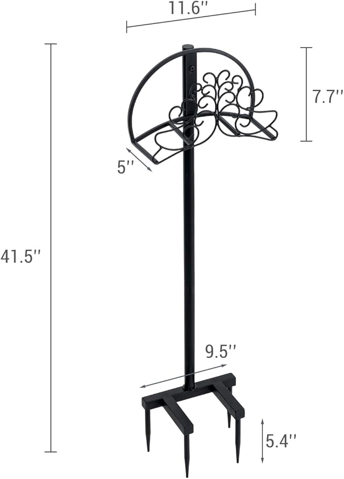 MyGift Vintage Scrollwork Design Matte Black Metal Outdoor Garden Hose Holder, 3.5 Foot Tall Freestanding Rack with Ground Yard Grass Stake Anchors