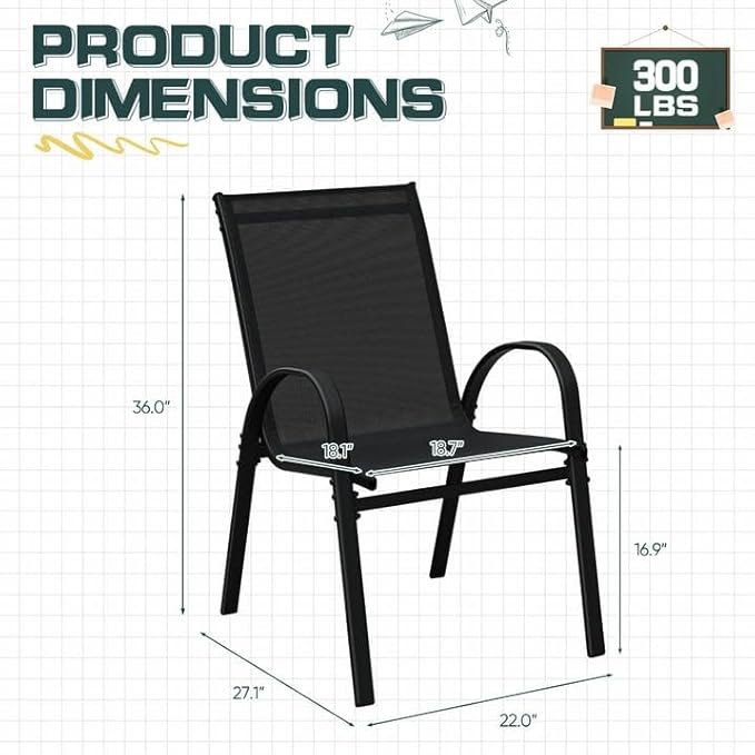 Devoko 4-Pack Stackable Patio Chairs Heavy-Duty Rust-Resistant Outdoor Dining Chairs with Ultra-Comfort Textilene Fabric for Deck, Porch, Garden & Balcony (Black)