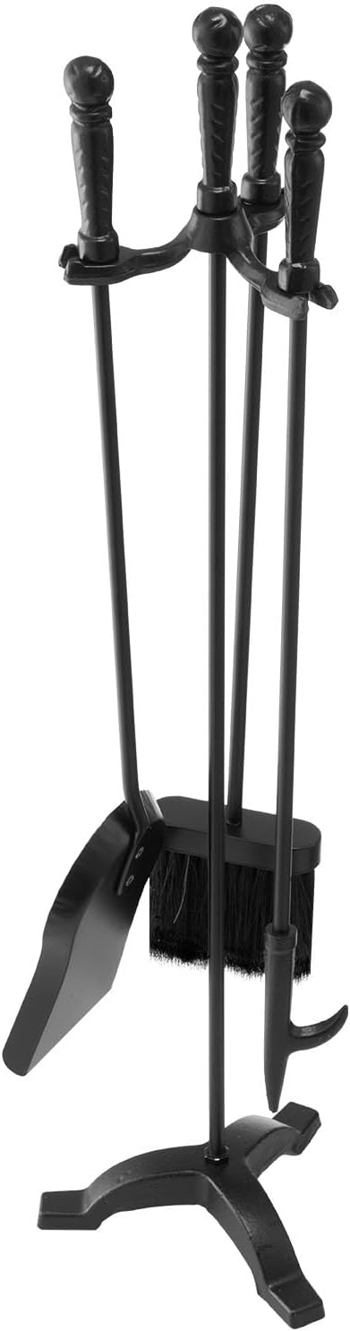 VEVOR Fireplace Tool Set, 4 PCS Fire Tool Set and Holder with Three-Prong Stand, Ash Shovel, Brush, Fire Place Poker, Wrought Iron Fireplace Accessories for Campfire Indoor/Outdoor, Black