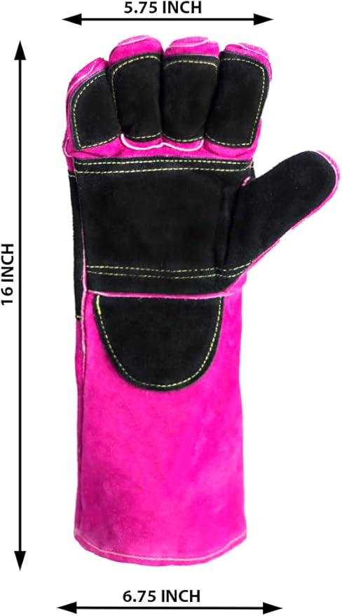Welding/BBQ Leather Gloves 16 Inches,932℉, Stick Welding Gloves Heat/Fire Resistant, Mitts for Oven/Grill/Fireplace/Furnace/Stove/BBQ/16 inches Extra Long Sleeve (16 Inches, Pink-Black)