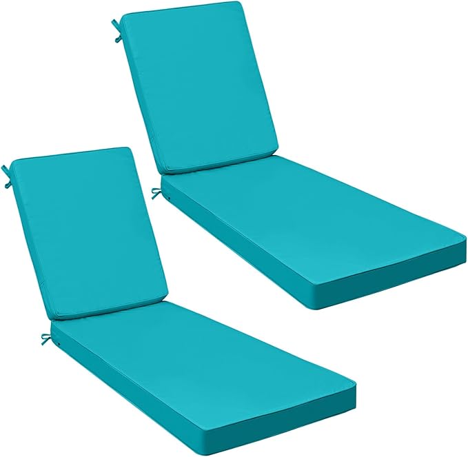 AAAAAcessories Outdoor Chaise Lounge Cushions, Fade-Resistant, Waterproof Patio Furniture Replacement Cushions, 80" x 26" x 3", Set of 2, Turquoise Blue