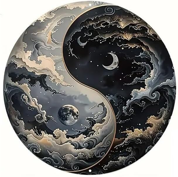 Metal Retro Shell Gasoline Wall Art, Creativity Art Decorations, Garden Sign Outside Decor，Wall Sculpture， Hanging Sculpture for Living Room Dining Room Bedroom Yard Outdoor Decor (The Sun and Moon Unite as one)