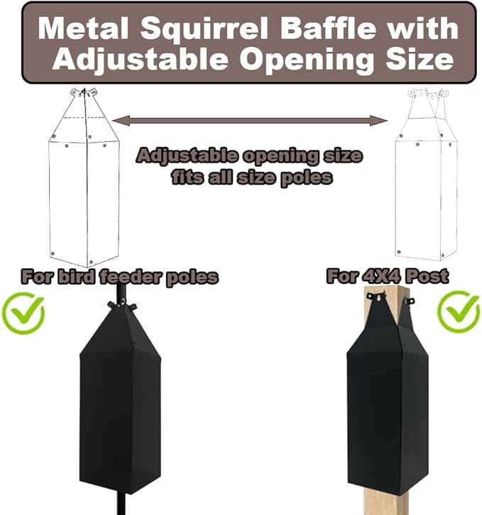 24.4Inch Metal Squirrel Baffle, Adjustable Opening Size, for Up to 4x4 Inch Wide Wooden Post, Squirrel Baffle for Bird Feeders Without Removing Bird Feeder Poles Or Shepherd's Hooks.