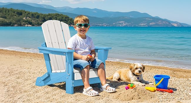 SERWALL Kids Adirondack Chair, HDPE Adirondack Chair for Children,All-Weather Resistant for Patio, Garden, Backyard - Light Blue and White