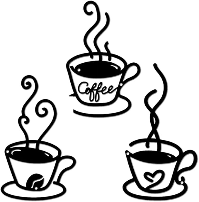 Kitchen Coffee Bar Metal Wall Decor - 3 Pack Rust-Proof Wall Art with Cup, Bean & Heart - Home Bar Signs for Indoor & Outdoor, Living Room, Kitchen, Garden - Housewarming Gift for Coffee & Tea Lovers