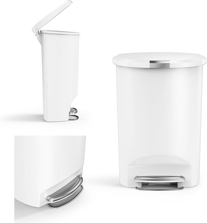 simplehuman 50 Liter Semi-Round Hands-Free Kitchen Step Soft-Close Lid Trash Can, White