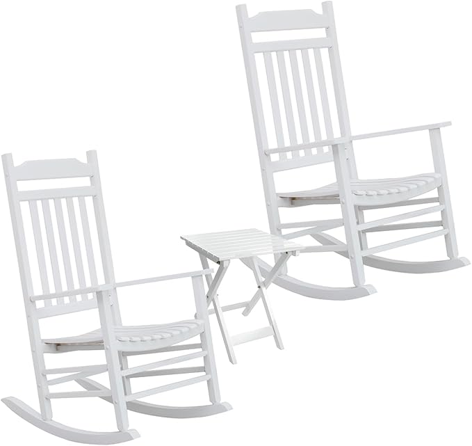 White Porch Rockers 3 Piece Outdoor Wooden Adults Furniture Set with 2 Rocking Chair and 1 Outdoor Side Table for Patio Lounge Balcony