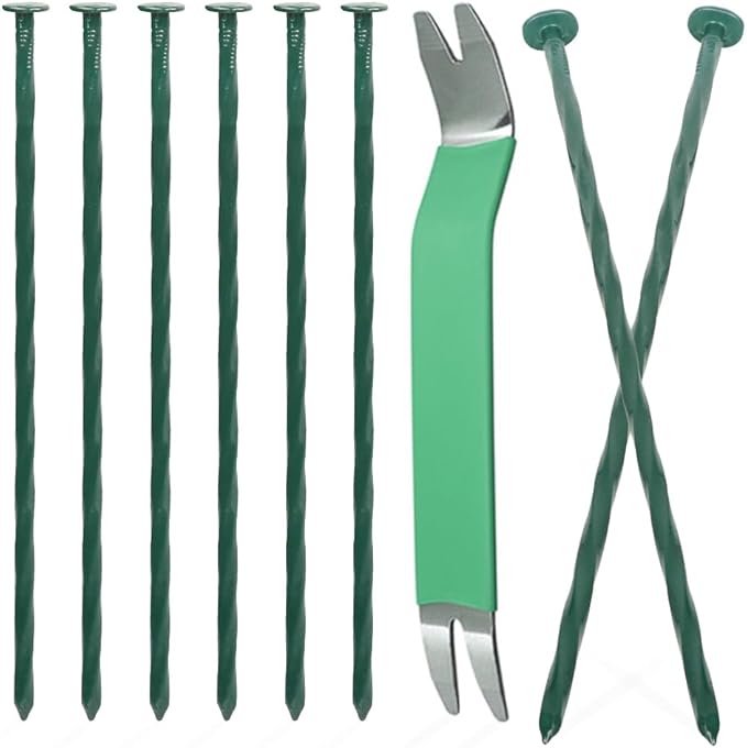 Bakulyor 100 Pack Metal Landscape Stakes, 8 Inch Artificial Grass Nails, 6 Gauge Large Landscaping Staples, Green Edging Anchor Stake for Garden Ground Lawn Paver Timber Border Weed Barrier Spikes 8"