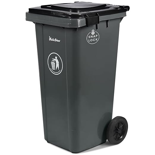 32 Gallon Trash Can with Wheels and Locking Lid Lockable Outdoor Trash Can with Wheels Garbage Can Lockable Lid Commercial Heavy-Duty Waste Bin Rolling, Plastic Gray