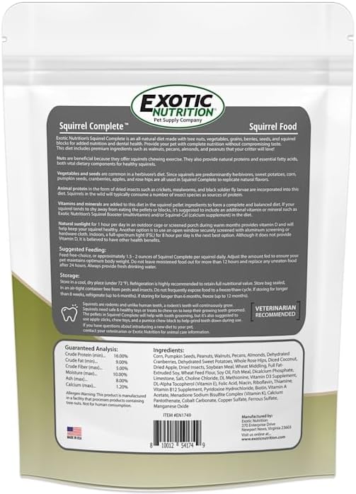 Exotic Nutrition Squirrel Complete (1.75 lb.) - Healthy Natural Food - Nutritional Diet for Pet & Captive Squirrels - Ground, Grey, Flying Squirrels, & Chipmunks