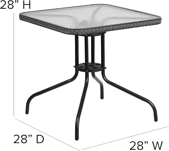 Flash Furniture 5-Piece 28" Square Indoor/Outdoor Patio Table and Chairs Set, Glass Metal Bistro Table and 4 Stacking Rattan Chairs, Gray