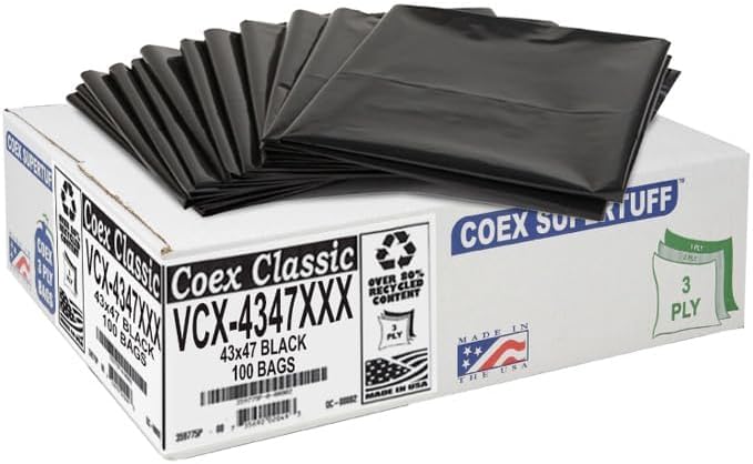 Aluf Plastics - Value COEX 3 Ply Garbage Bags, 56 Gallon, 2 Mil, 43"x47", Black, 400 Count