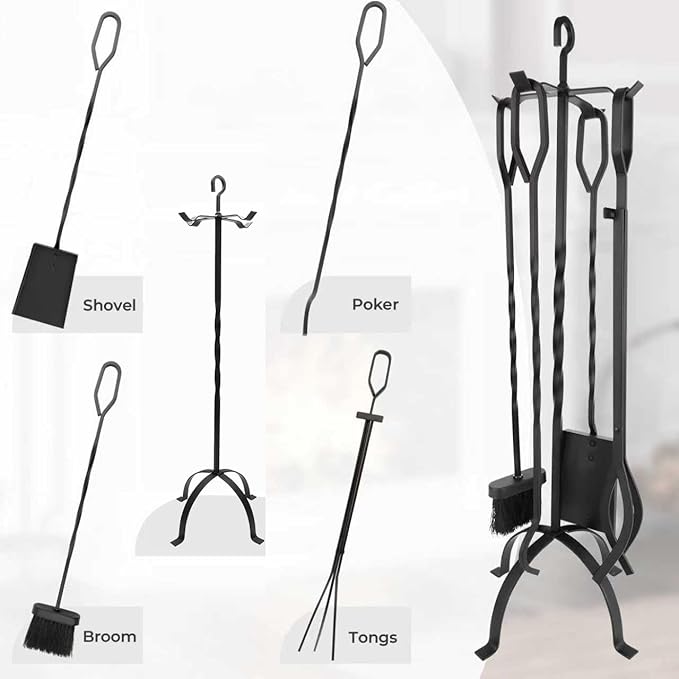 Fireplace Tools Set 5 Pieces - Lightweight Wrought Iron Fire Pit Accessories for Indoor Outdoor, Includes Sturdy Stand, Poker, Shovel, Brush & Tongs - Modern Fire Place Kit for Wood Stove