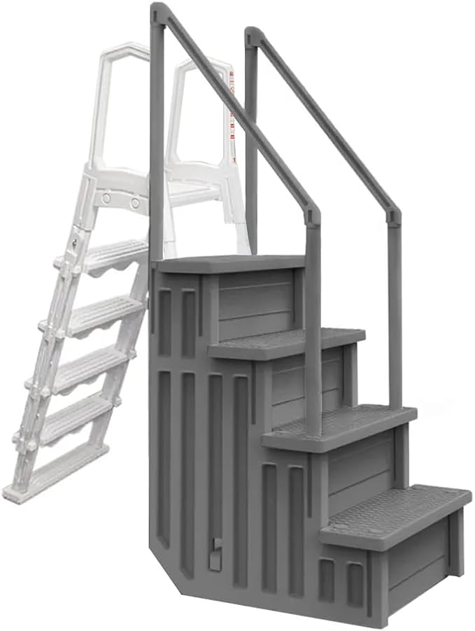 Aqua Select Anti-Slip in-Pool Steps with Outside Flip-Up Ladder | Gray | for Above Ground Swimming Pools | Can Mount to Decks 48" to 54" H | Safety Stairs Capacity Up to 350 lbs