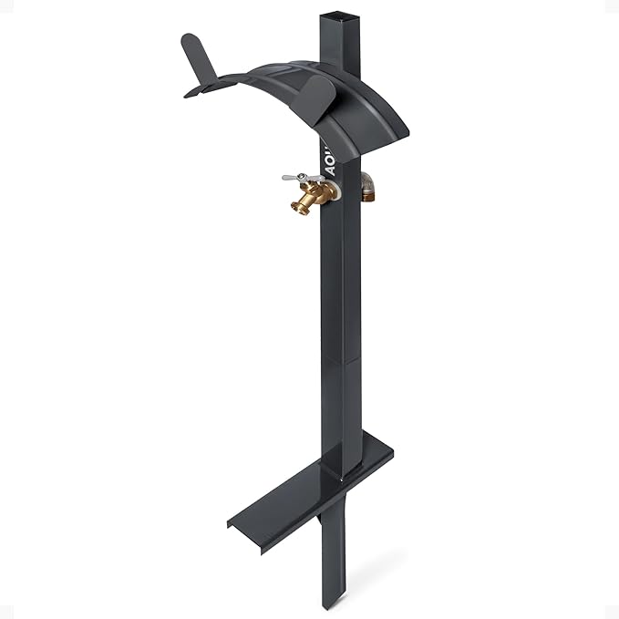 Aqua Joe Steel Garden Hose Stand with Brass Faucet and Quick-Install Anchor Base - Heavy-Duty Freestanding Holder for Outdoor Lawn, Yard & Garden Hose Storage, SJ-SHSBB-GRY