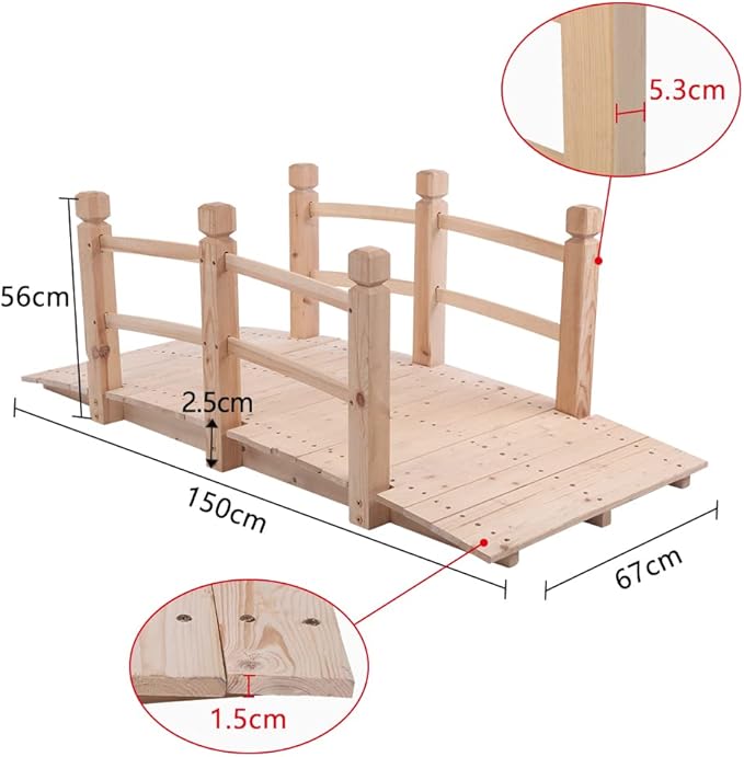 5FT Wooden Garden Bridge with Handrails, Decorative Landscape Footbridge for Yard, Pond, Farm or Creek - Rust-Resistant Cedar Construction, Easy Assembly & 500LB Capacity, Natural
