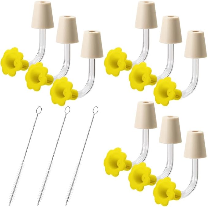 DECOHS 9 Pcs Hummingbird Feeder Tubes with Yellow Floral Tip, Bird Hummingbird Feeder Replacement Parts with 3 Brush, Outside Flower Birds Water Feeders Tube Stoppers for Making Your Own Birds Feeder