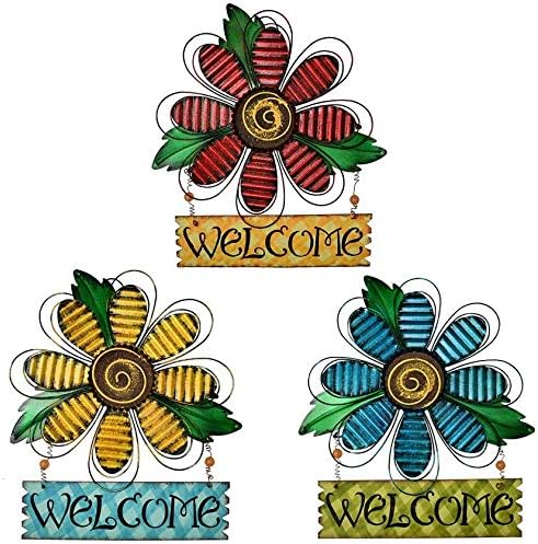 Large Rustic Metal Hanging Flower Welcome Wall Art Decor Hanging Metal Flower Welcome Door Wreath Kitchen Living Room Bathroom Patio Garden Yard Wall Decoration 15.75'' (Set of 3)