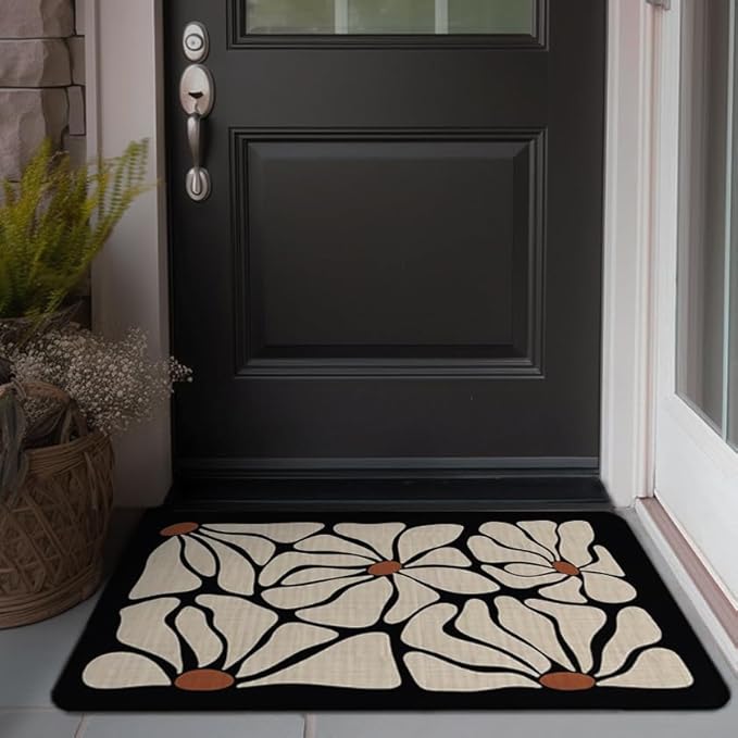 Boho Beige and Black Floral Door Mat - Bohemian Neutral Floral Front Door Welcome Mats Outdoor Entrance, 17x30 Rug