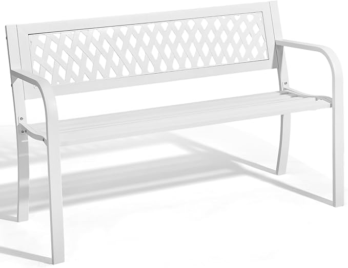 Outvita Outdoor Bench, 47" Iron Steel Frame Garden Bench with Mesh Pattern and Plastic Backrest Armrests, Patio Bench for Garden Park Yard Front Porch Patio, White