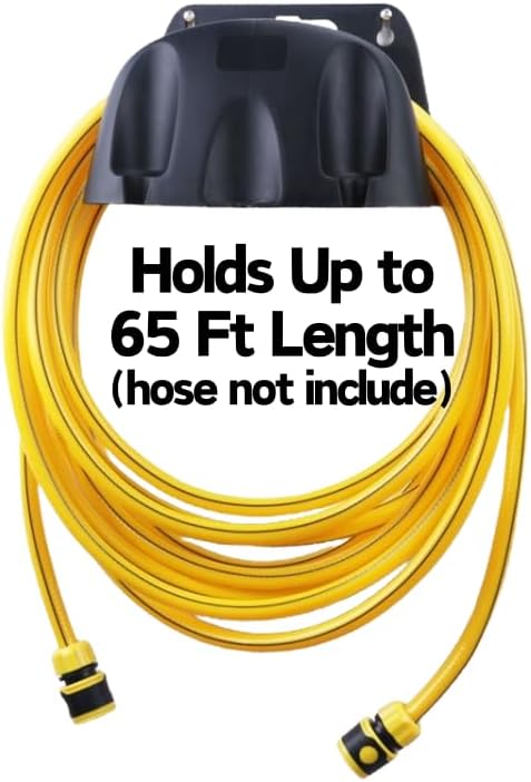 Garden Hose Reel Wall Mount Holder for Yard Organization - 2 Pack Premium Plastic Water Hose Holder, Small Setup for Garage, Holds 65' Feet Hose, Outside Storage with Pipe Hook Support