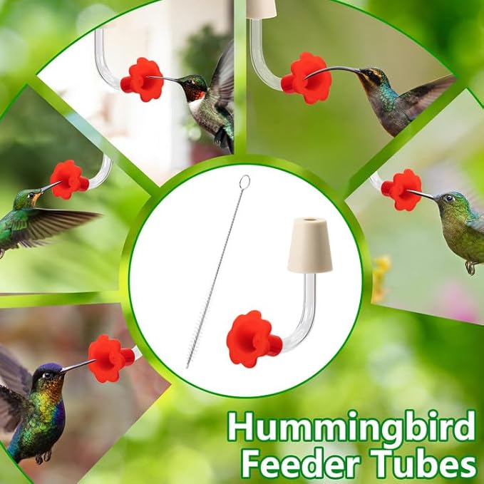 DECOHS 9 Pcs Hummingbird Feeder Tubes with Red Floral Tip, Bird Hummingbird Feeder Replacement Parts with 3 Brush, Outside Flower Bird Water Feeder Tubes Stoppers for Making Your Own Bird Feeders