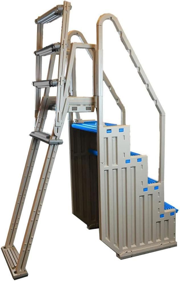 Confer Plastics Step-1X with 8000X Ground to Step Ladder: Above Ground Entry System, Dual Handrails, Slip-Resistant Steps, Supports 300 lbs, Easy Install – Made in USA, Warm Grey with Blue Step-1X