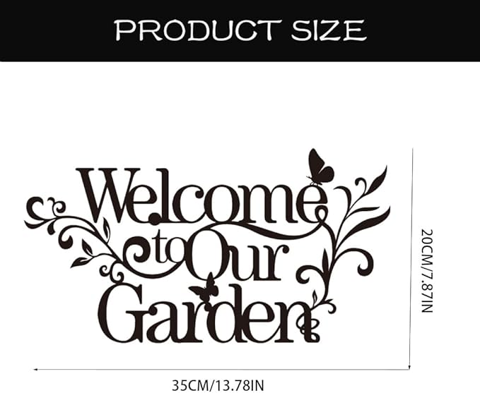 Welcome Metal Sign for Outdoor, Rustic 'Welcome to Our Garden' Wall Decor, Black Weatherproof Metal Art for Front Porch, Fence, or Yard, Country Housewarming Gift