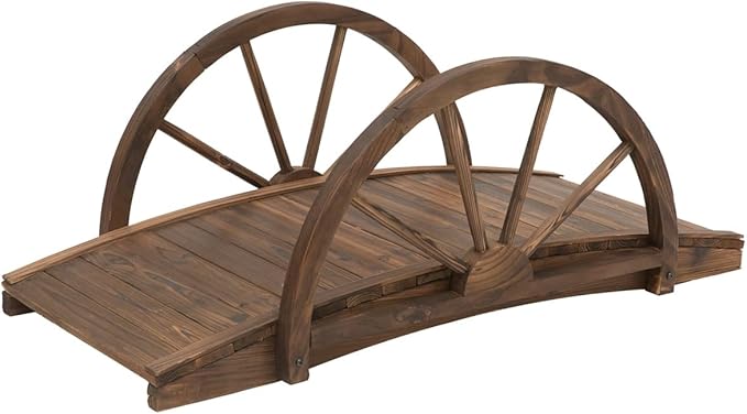 Wooden Garden Bridge - Stained Wood Arc Footbridge with Half-Wheel Style Railings,for Backyard, Gravel Road, Creek, Farm(Stained Wood)