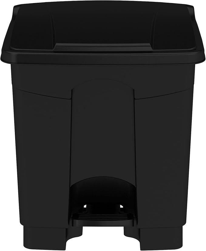 Safco Step On Plastic Trash Can with Foot Pedal, 8 Gallon Garbage Can for Kitchen, Indoor or Outdoor Use, Hands Free, Black